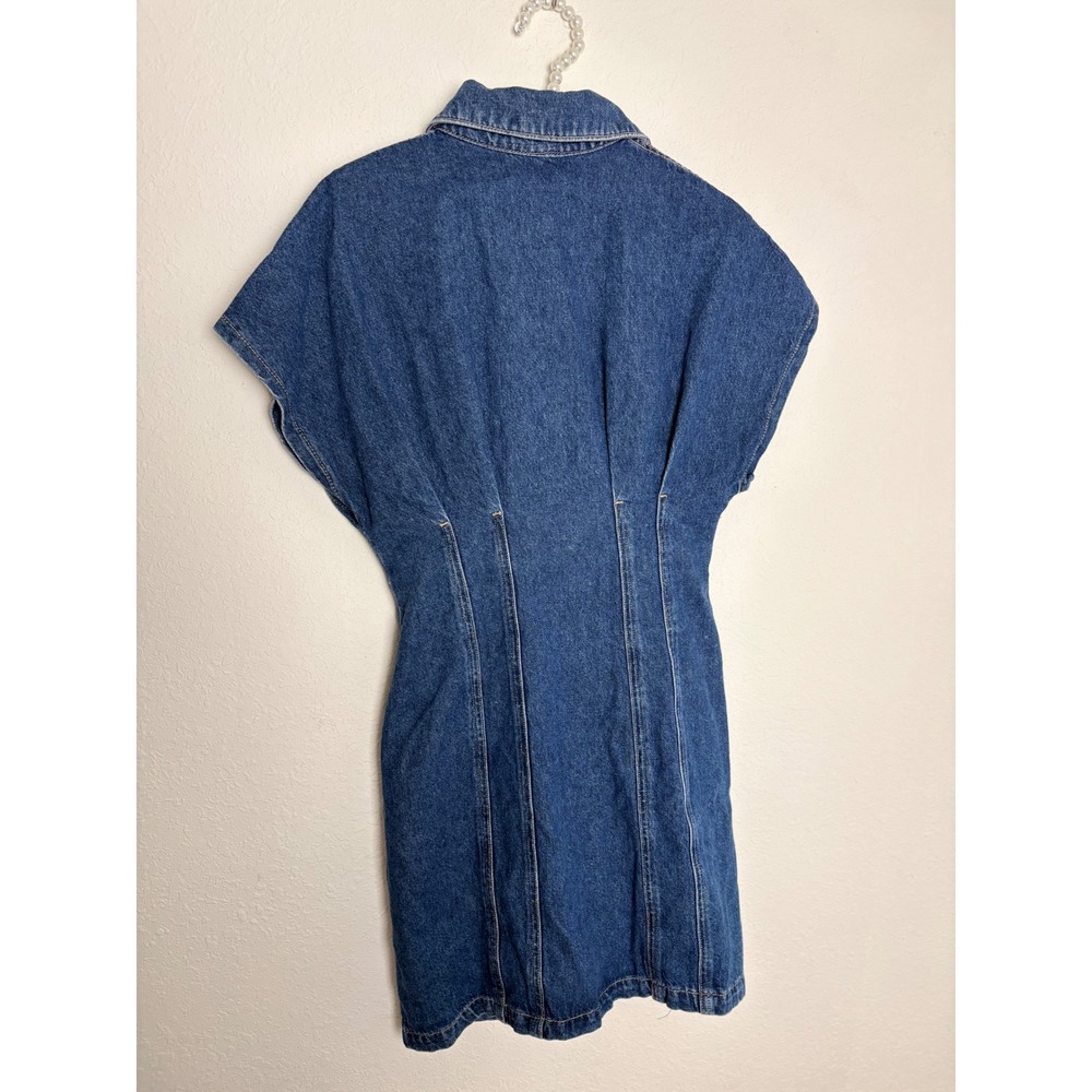 Zara Denim Mini Dress Large‎ Blue NEW Button Down Cap Sleeve Tailored Structured - Picture 2 of 8